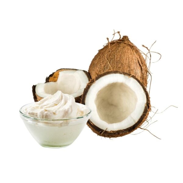 Coconut Cream beside an open coconut fruit