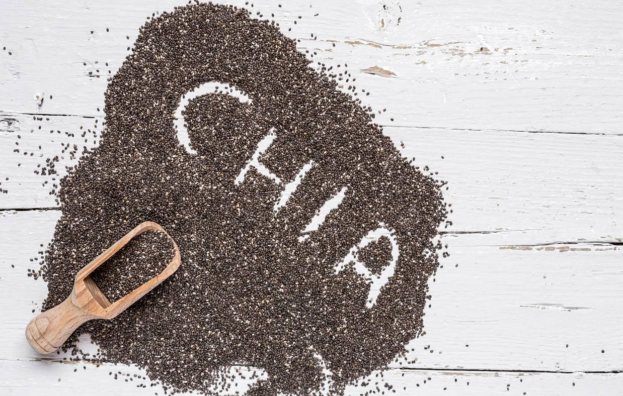 The word "CHIP" written in a bed of chia seeds.