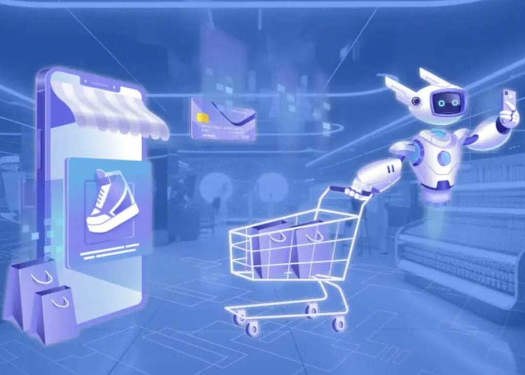 Illustration of a robot with a shopping cart, in a store.