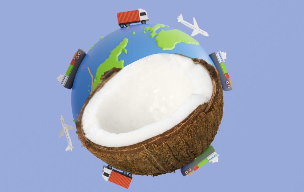 Half earth, half coconut with trucks and airplanes spinning around