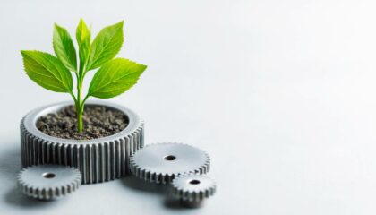 Screws with soil and a growing plant representing sustainable supply chain