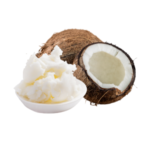 Coconut butter in a saucer beside an open coconut fruit