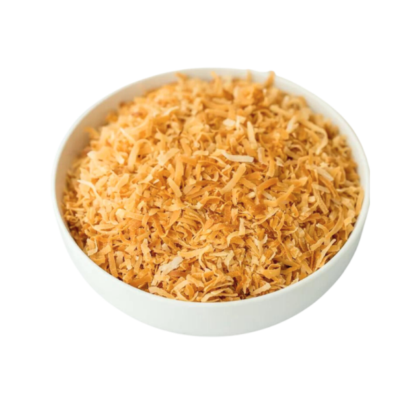Toasted coconut shavings in a white bowl.