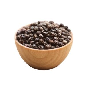 Black peppercorns in a brown wooden bowl