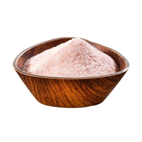 Pink, small granules of salt in a brown bowl