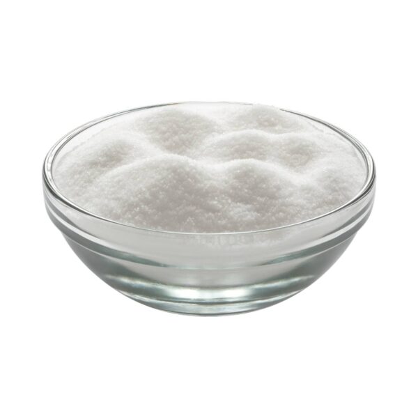 White, small granules that resemble sugar in a transparent bowl.