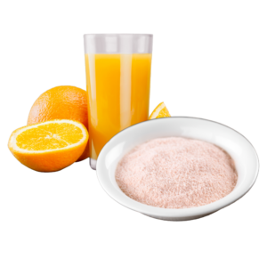 Half an orange, a glass of orange juices and an orange powder in a white bowl.