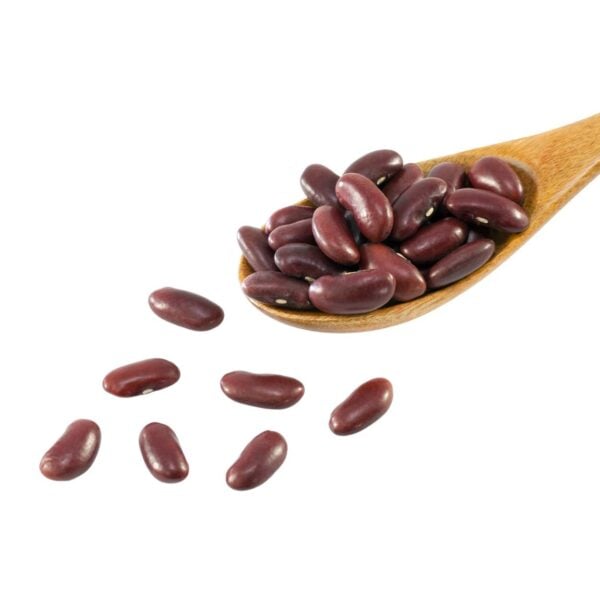 Dark red beans on a wooden spoon.
