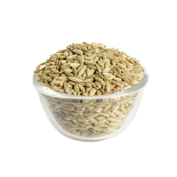 Greenish fennel seeds in a transparent bowl.