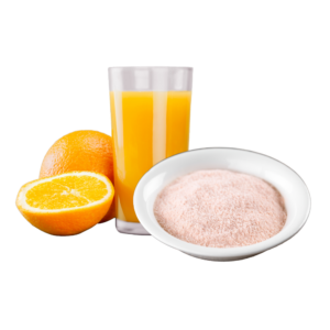 An orange cut open, a glass of orange juice and a white bowl with orange powder in it.