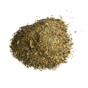 Dry greenish brown crushed powder in a heap.