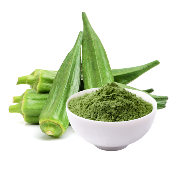 Okra vegetable beside a bowl of green powder.