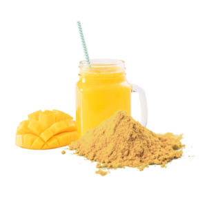 Mango juice in a jug beside orangish-brown powder.