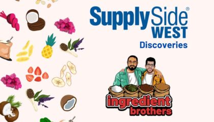 Graphic that says SupplySide West Discoveries with ingredient illustrations and Ingredient Brothers Logo