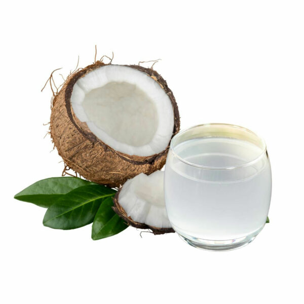 Glass of coconut water displayed with an open coconut fruit.