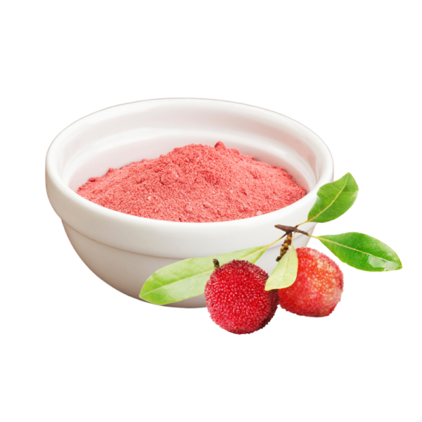 Pinkish powder in a bowl beside some fruit.