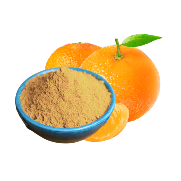 Brownish powder in a bowl displayed with two tangerine fruits behind it.