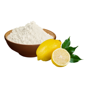Yellowish-white powder in a brown bowl displayed with lemon fruit beside it.