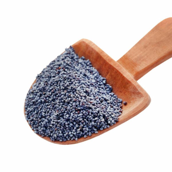 Poppy seeds displayed on a wooden spoon