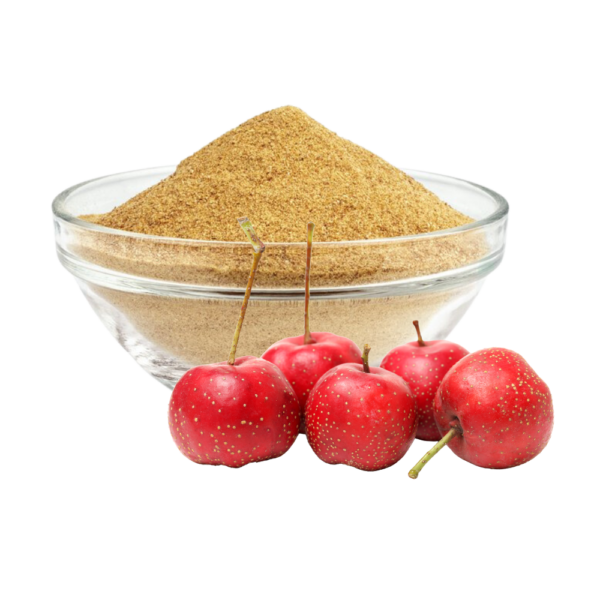 Brownish powder in a transparent bowl with three hawthorne berries in front of it.
