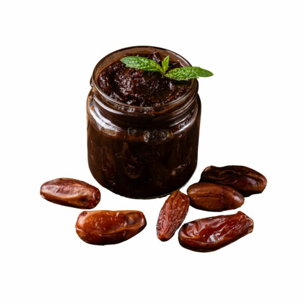 Brown paste in a jar, garnished with a mint