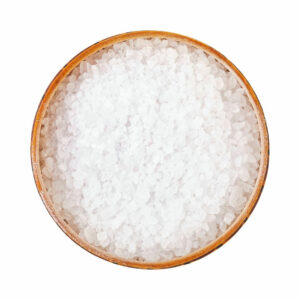Top view of large salt crystals in a bowl