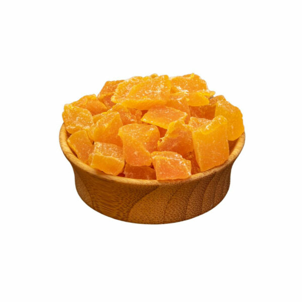 Diced, dry mango cubes in a bowl
