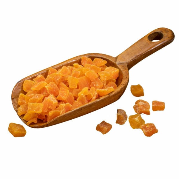 Dried mango dices in a scoop
