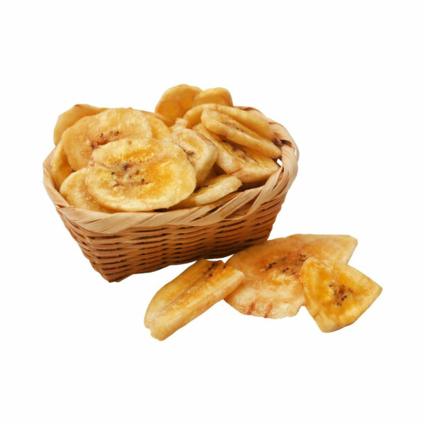 Golden colored banana chips in a wooden basket.