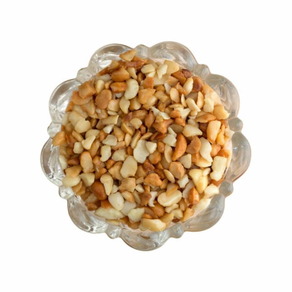 Top View of chopped macadamia nuts in a bowl