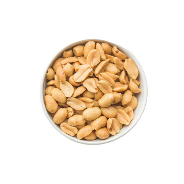 Top view of split peanuts in a bowl.