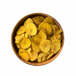 Top view of plantain chips in a bowl.