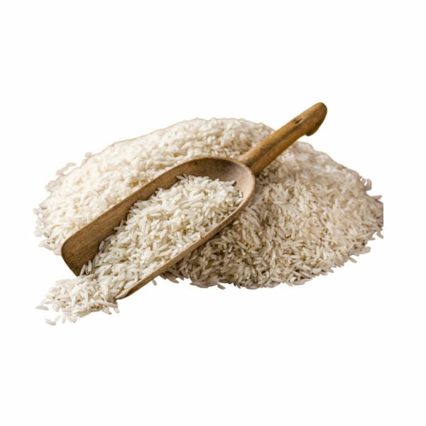Heap of rice with a wooden spoon on top.