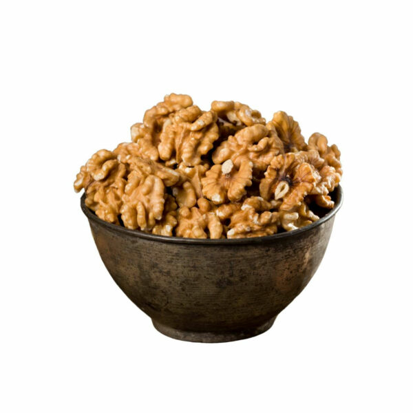 Large walnuts in a black bowl.