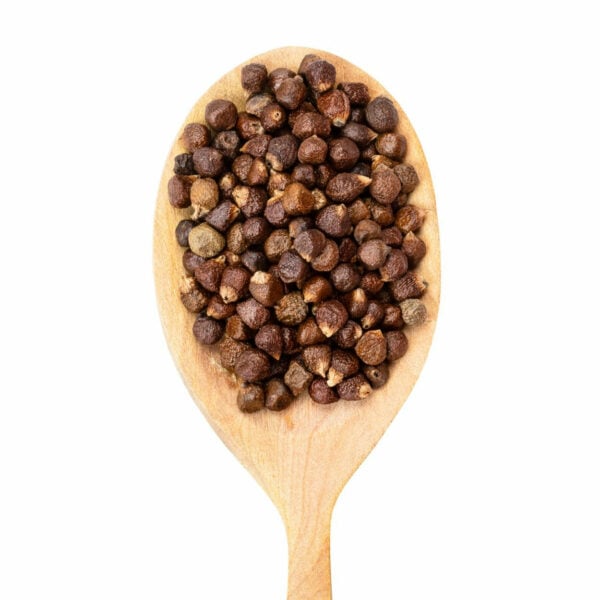 Top view of brown seeds displayed on a wooden spoon.