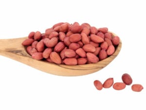 Red nuts displayed on a wooden spoon.
