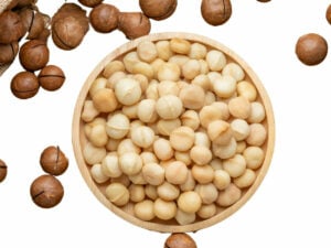 Top view of macadamia nuts in a bowl.